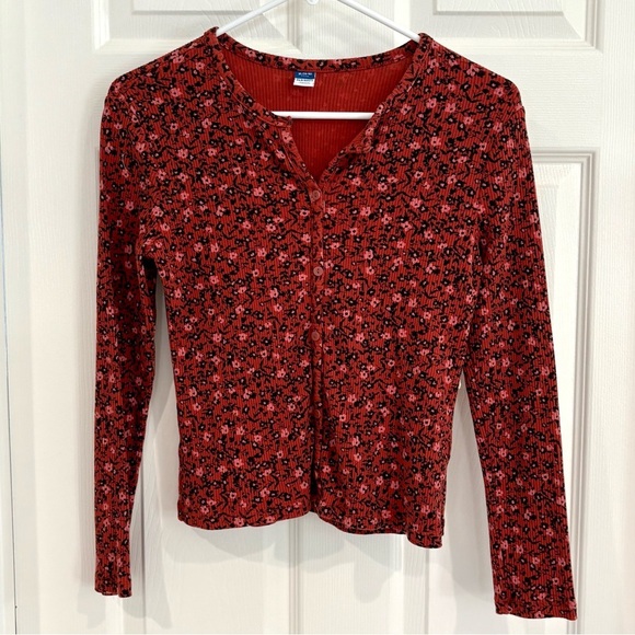 Old Navy Other - Old Navy Girl Fitted Ribbed Burgundy Black Floral Button-Up Top Sz XL 14/16